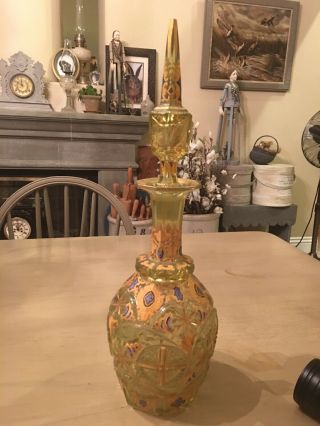 Antique Bohemian Vaseline Glass Decanter - Moser Style - Hand Painted 2