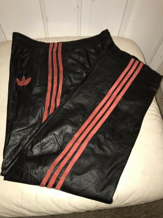 Vintage 80’s Adidas 3 Stripe Leather Pants Black Red Stripe With Leaves