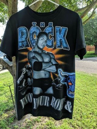 Vintage Wwf The Rock Rap Tee T - Shirt Size M Black Blue The Rock