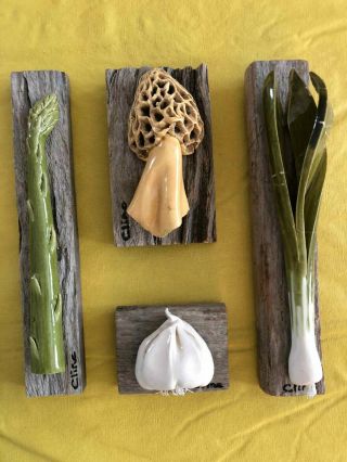 Art Sculpture Carol Cline Vegetables On Barn Wood Set Of 4 Vintage Ceramic