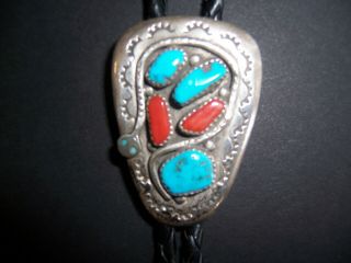 Vintage Old Pawn Sterling Turquoise Coral Bolo Tie Zuni Effie C.  Calavaza Snake