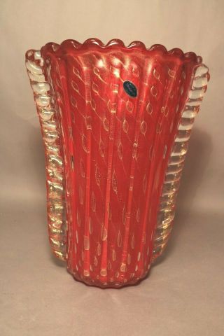 Monumental Ercole Barovier Vintage Murano Bullicante Red Gold Glass Vase