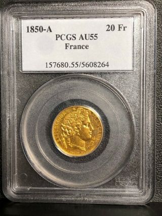 1850 - A France REPUBLIC Ancient Goddess Cérès GOLD 20 Francs GRADED PCGS AU - 55 10