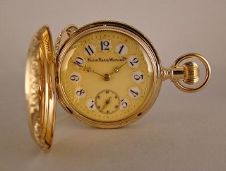 141 Years Old Elgin 17j 14k Solid Gold Hunter Case Fancy Dial Great Pocket Watch
