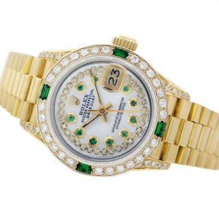 Womens Rolex Watch Datejust 69178 18k Yellow Gold Mop Emeralds 1.  27 Ct Diamonds