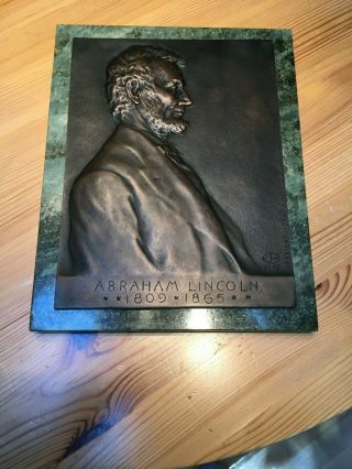 Rare 1907 Bronze Lincoln Plaque On Green Marble By Victor D.  Brenner
