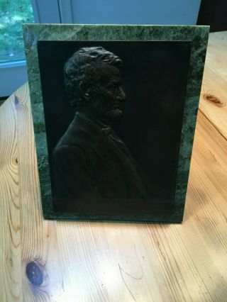 RARE 1907 Bronze Lincoln plaque on Green Marble by Victor D.  Brenner 3