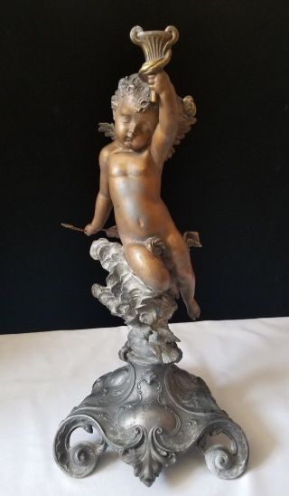 Antique Art Nouveau Figural Bronze Spelter Cherub Cupid Statue 22 "