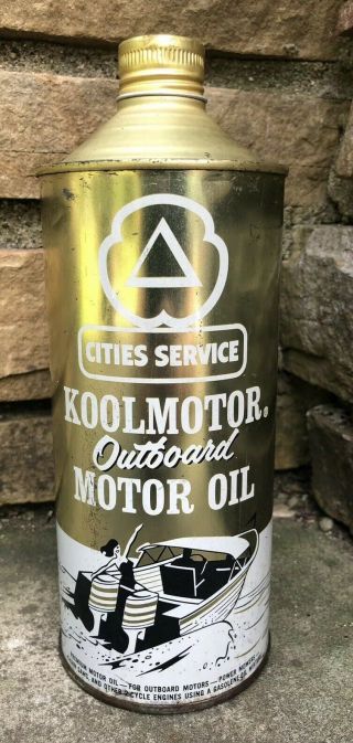 Vtg Cities Service Koolmotor Outboard Motor Oil 1 Quart Oil Can Cone Top Rare