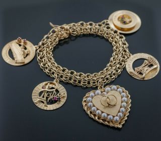 Vintage Charm Bracelet,  14k Yellow Gold,  Travel Wedding,  Birthday Charms,  52.  3 G