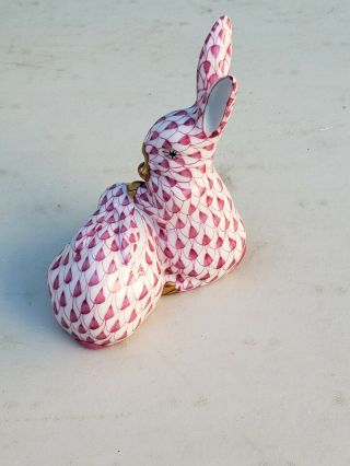 Vintage Herend Hungary Hand Painted Pink Fishnet 2 Huddled Rabbits Figurine