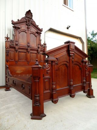 Huge 9ft Antique Carved Walnut Victorian Renaissance Bed Frame Commissioned Art