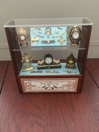 Vintage Miniature Dollhouse Display Case With Various Watches And Clocks