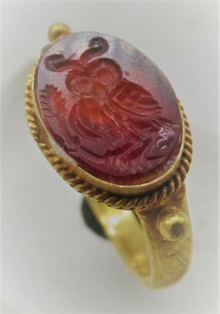 Ancient Greek High Carat Gold Seal Ring With Carnelian Owl Intaglio
