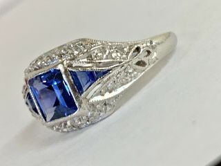 Antique Vintage Art Deco Blue Gemstone Natural Diamond Ring 14k White Gold