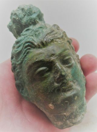 Museum Quality Ancient Gandharan Bronze Buddha Head Statue Fragment 200 - 300ad
