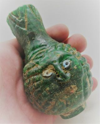 Scarce Ancient Phoenician Green Glass Bottle With Bearded Male Face