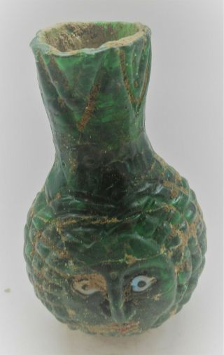 SCARCE ANCIENT PHOENICIAN GREEN GLASS BOTTLE WITH BEARDED MALE FACE 2