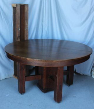 Antique Arts & Crafts Mission 54 " Oak Round Dining Table Plus Leaves -