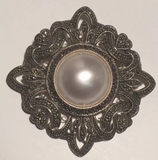 Stunning Vintage Judith Jack Sterling Silver Marcasite And Faux Pearl Brooch Pin