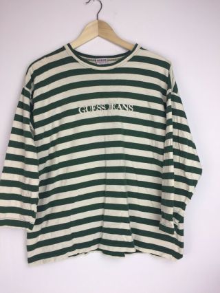 Vtg Guess Striped Shirt 3/4 Sleeve Womens Large Mens Small White Green
