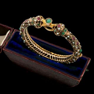 Antique Vintage Nouveau 14k Gold Mughal Emerald Hinged Wedding Bangle Bracelet