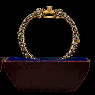 Antique Vintage Nouveau 14k Gold Mughal Emerald Hinged Wedding Bangle Bracelet 2