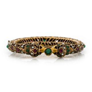Antique Vintage Nouveau 14k Gold Mughal Emerald Hinged Wedding Bangle Bracelet 3