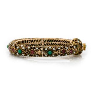 Antique Vintage Nouveau 14k Gold Mughal Emerald Hinged Wedding Bangle Bracelet 4