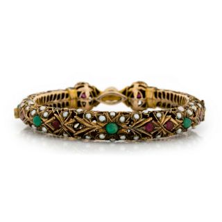 Antique Vintage Nouveau 14k Gold Mughal Emerald Hinged Wedding Bangle Bracelet 5