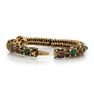 Antique Vintage Nouveau 14k Gold Mughal Emerald Hinged Wedding Bangle Bracelet 6
