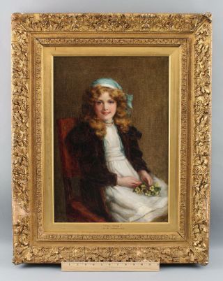 1908 Antique George Sheridan Knowles Portrait Oil Painting Young Girl W/ Flowers