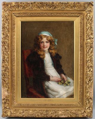1908 Antique GEORGE SHERIDAN KNOWLES Portrait Oil Painting Young Girl w/ Flowers 2