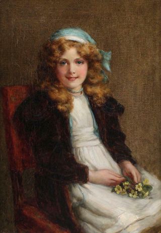 1908 Antique GEORGE SHERIDAN KNOWLES Portrait Oil Painting Young Girl w/ Flowers 3
