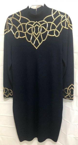 Vintage St John By Marie Gray Knit Dress,  Sz 14,  Navy Blue,  Gold Trim,  Jpelotpa