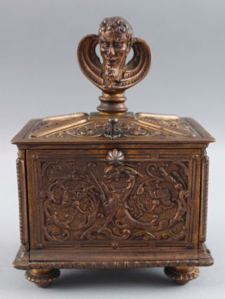Antique Victorian Cast Bronze Gothic Devil & Gargoyle Playing Card Press Box Nr
