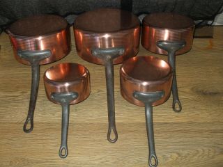 Vintage French Set 5 Copper Cuisine Kitchen Sauce Pans Tin Lined Metal Handle