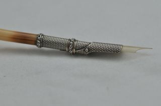 Rare Vintage Patterned Silver Bramah Style Clip Dip Fountain Pen Porcupine Quill 2