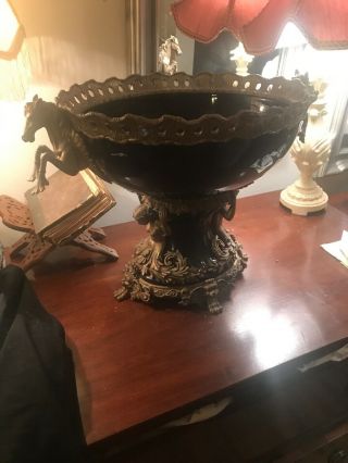 Xxl Vintage Centerpiece Bronze Putti Cherub Horses Faience Porcelain Bowl