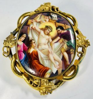 Antique 19th Century Swiss Enamel Biblical Scene Descent From Cross 10k Gold Pin