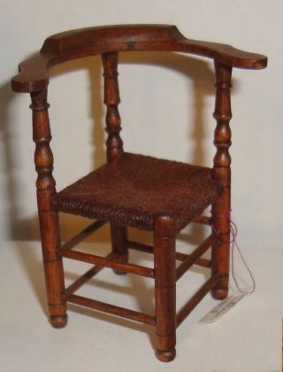 Vintage George Hoffman Dollhouse Miniature Corner Chair Stained Rush Seat 1:12