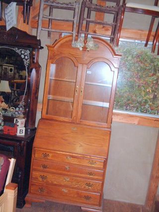 Vintage Oak Secretary Desk with Glass lighted Cabinet and drop down Desk 3