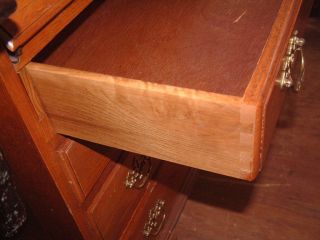 Vintage Oak Secretary Desk with Glass lighted Cabinet and drop down Desk 6