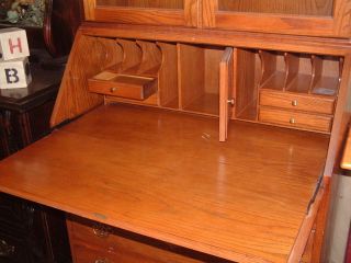 Vintage Oak Secretary Desk with Glass lighted Cabinet and drop down Desk 7