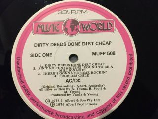 Ac/dc Rare Dirty Deeds Done Dirt Zealand Only Music World Lp