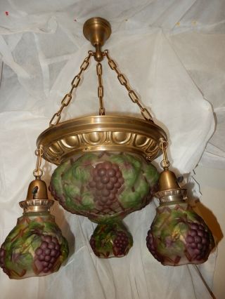 4 - Light Art Nouveau Brass Chandelier W Consolidated Grape Art Glass Shades