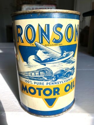 RARE Antique RONSON MOTOR OIL Pennsylvania Quart Tin Can Plane Car Train Sign 10