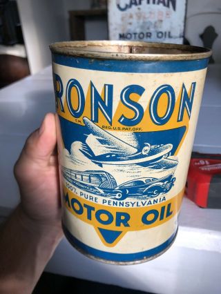 RARE Antique RONSON MOTOR OIL Pennsylvania Quart Tin Can Plane Car Train Sign 12