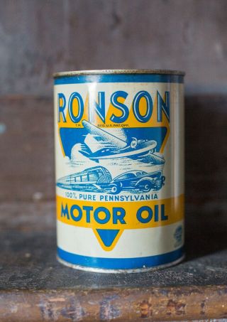 RARE Antique RONSON MOTOR OIL Pennsylvania Quart Tin Can Plane Car Train Sign 2