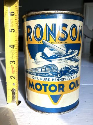 RARE Antique RONSON MOTOR OIL Pennsylvania Quart Tin Can Plane Car Train Sign 3
